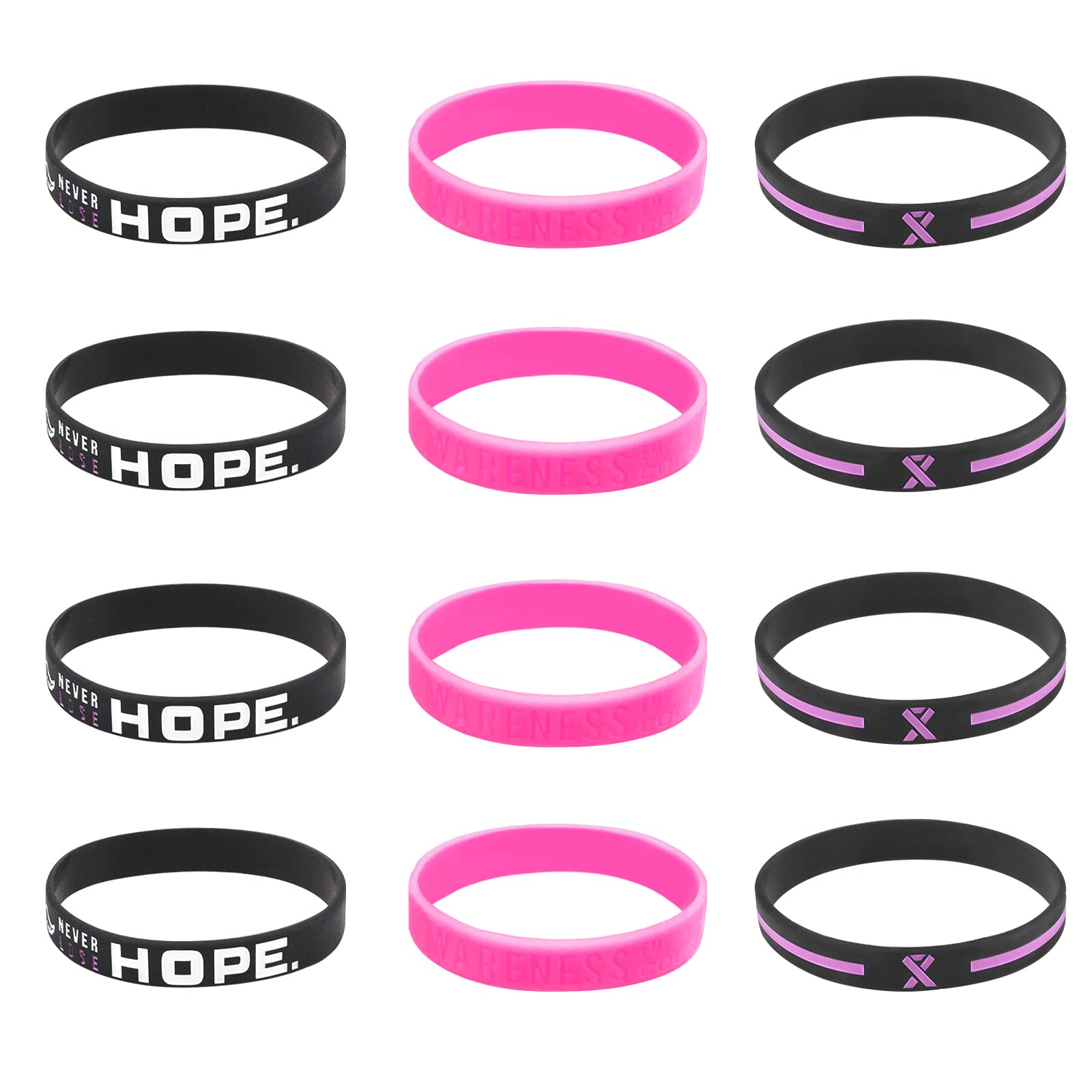 WANDIC 12 Pcs Breast Cancer Awareness Bracelet, Assorted 3 Styles Silicone Bracelets Pink Black Multi-colored Ribbon Wristband for Breast Cancer Awareness