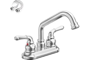 Phiestina Brushed Nickel 4 Inch Utility Sink/Laundry Faucet, 2 or 3 Hole Centerest Rotatable Swivel 360° Spout with Garden Hose Threaded End, with Water Supply Line, BF027-8-BN