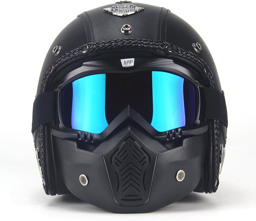 AUTOPDR Open Face Vintage Motorcycle Helmet PU Leather 3/4 Motorcycle Chopper Bike for Helmet Goggle Mask L(59-60cm)