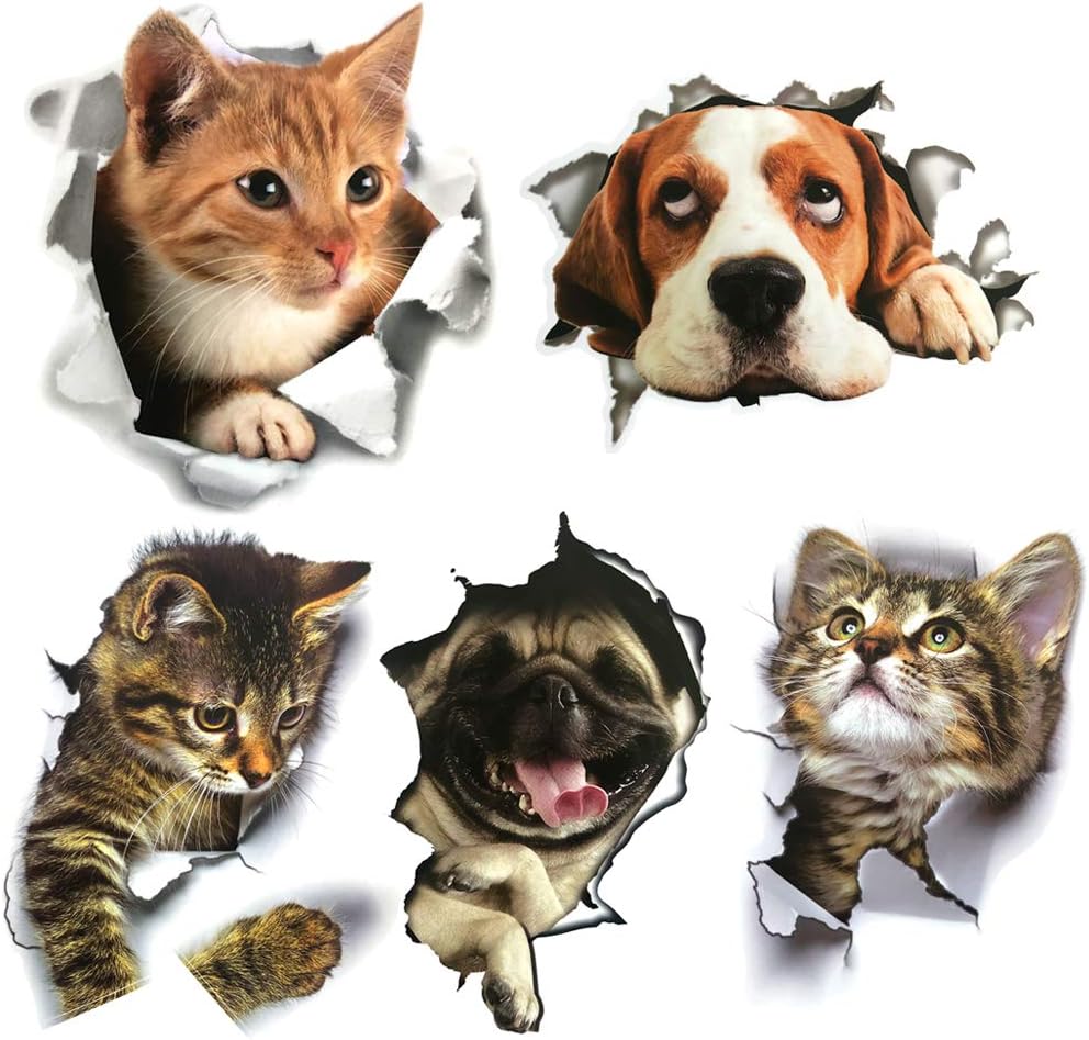 Amazon ステッカー 動物 飛び出す 壁紙 シール 犬 5種類セット ウォールステッカー だまし絵 壁 おしゃれ 猫 並行輸入品 ウォールステッカー オンライン通販