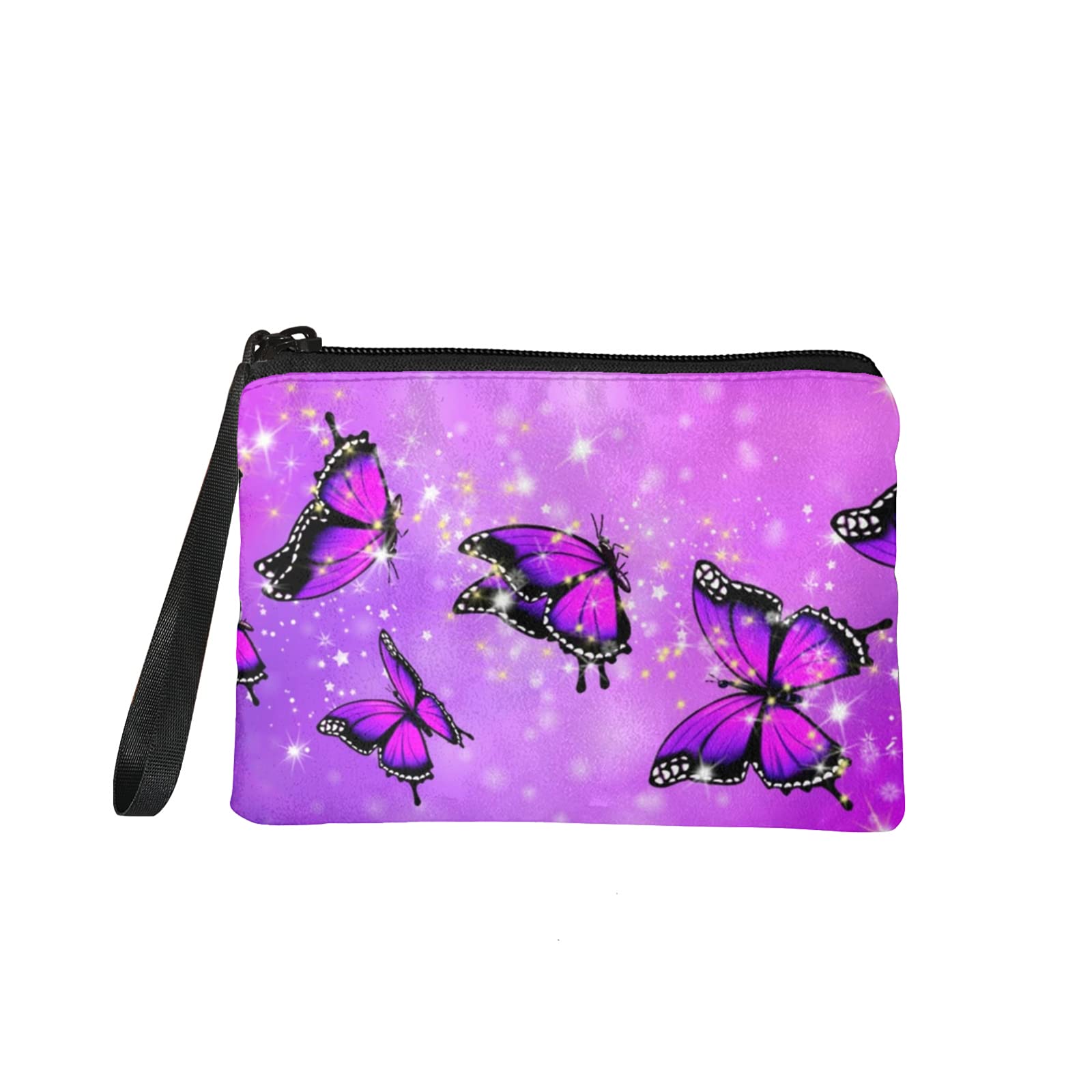 chaqlin Bling Purple Butterfly Print Credit Card Holder for Women Daily Coin Purse Change Cash Bag Zipper Small Purse