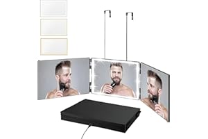Vanexiss Rechargeable 3 Way Mirror for Hair Cutting, Real Glass Adjustable Trifold Mirror with 3 Color Temps LED Light & Telescoping Hooks for Makeup, Shaving & Styling
