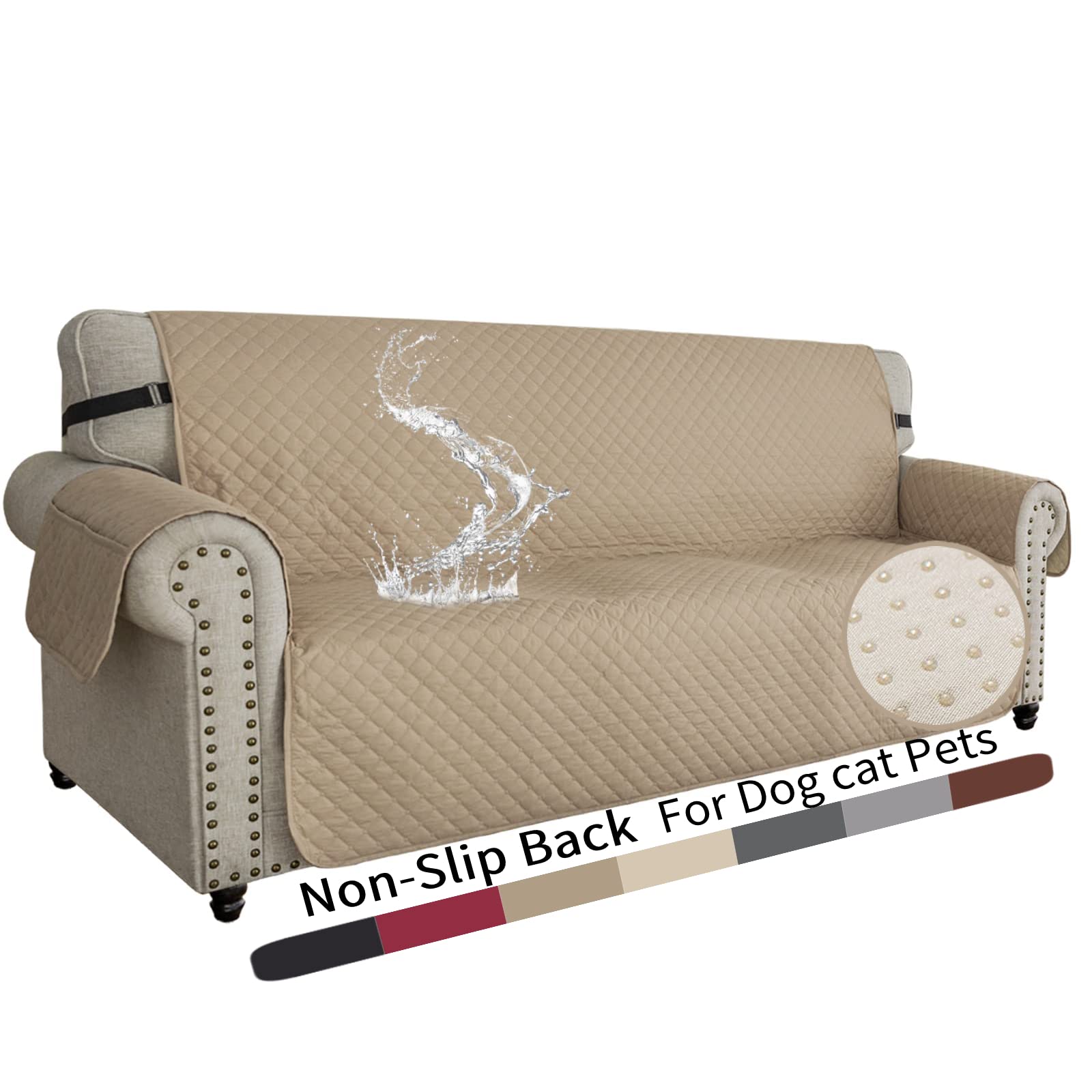 XINEAGE Quilted Sofa Covers 3 Seater, Water Resistant Couch Covers for 3 Seater, Non Slip Sofa Slipcoevrs for Dogs Pets, Reversible Sofa Protector with Elastic Strap Washable (Sofa, Khaki)