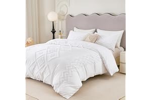 URBONUR White Duvet Cover King Size - 3PCS Microfiber Tufted Duvet Cover Set, Boho Striped Tufted Textured Duvet Cover with Zipper Closure & Corner Ties