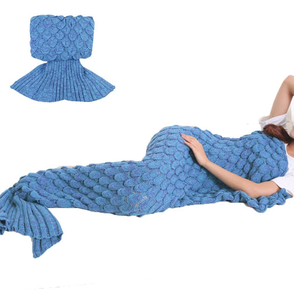 Awkli Warm Mermaid Tail Blanket Crochet Super Soft Comfortable Suitable for All Seasons Sleeping,Reading,Watching, Working,Sofa Blankets Gift for Mother Day, Halloween, Thanks Giving Day (Blue)