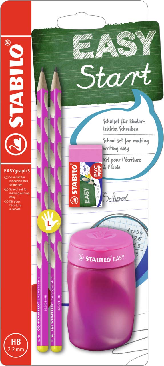 STABILO Handwriting Pencil EASYgraph S School Set - Left-Handed - Pencil x 2 + EASYsharpener + EASYeraser - pink