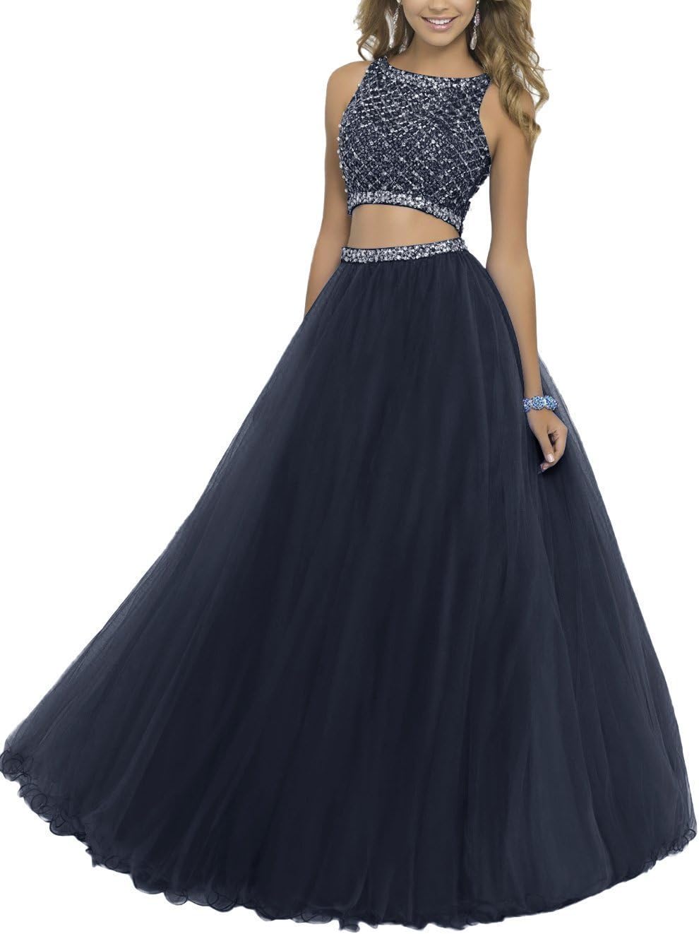 Lilibridal Two Pieces Prom Dress Jeweled Puffy Tulle Long Pageant Ball Gown 015