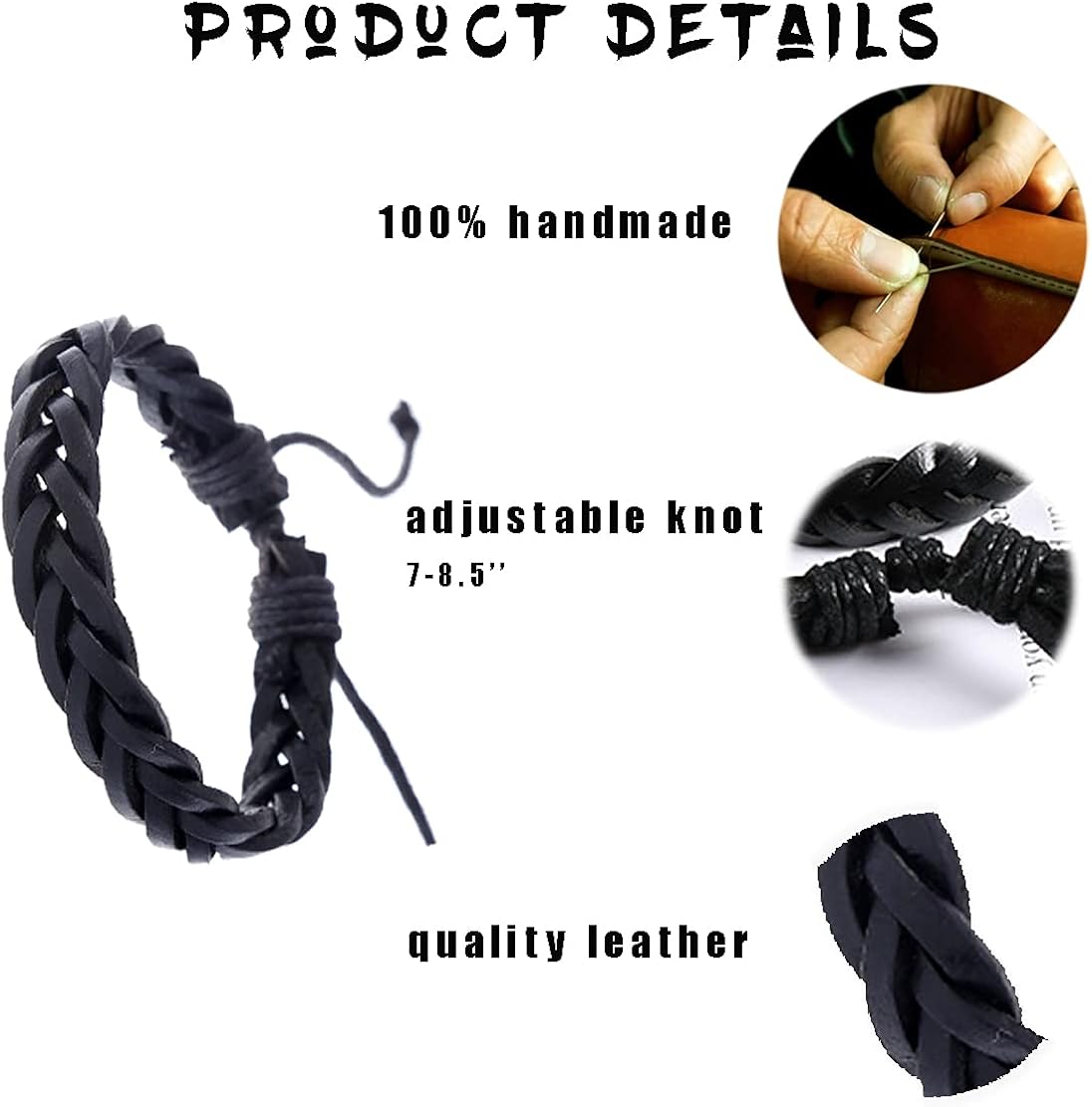 WAINIS 6 Pack Mens Black Leather Bracelets Set for Men Stackable Braided Cuff Bracelet Tribal Punk Rock Handmade Wristband: Jewelry