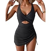 B2prity Women Mesh One Piece Swimdress Swimsuit Tummy Control V Neck Cutout Bathing Suit Wrap Drawstring Sarong Swimwear
