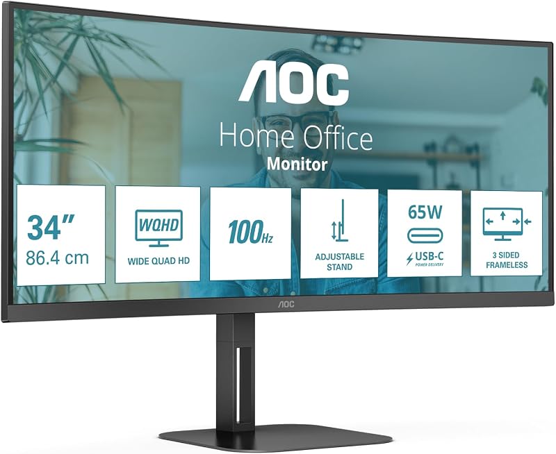 AOC CU34V5C 34 Inch Curved QHD Monitor 100Hz USB-C Docking 65W HDR