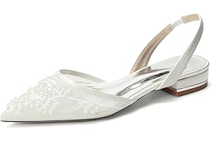 EICOFF Wedding Flats for Women Slingback Lace Satin Pearls Wedding Shoes for Bride Pointed Toe Low Heel Evening Formal Party 