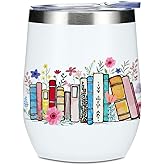 Wine Tumbler, 12 oz Coffee Mug Travel Insulated Cup Vacuum Wine Glass with Lid, Book Lovers Gifts Birthday Christmas Appreciation Reading Book Accessories Bookish Librarian Gifts for Women Boss Leader