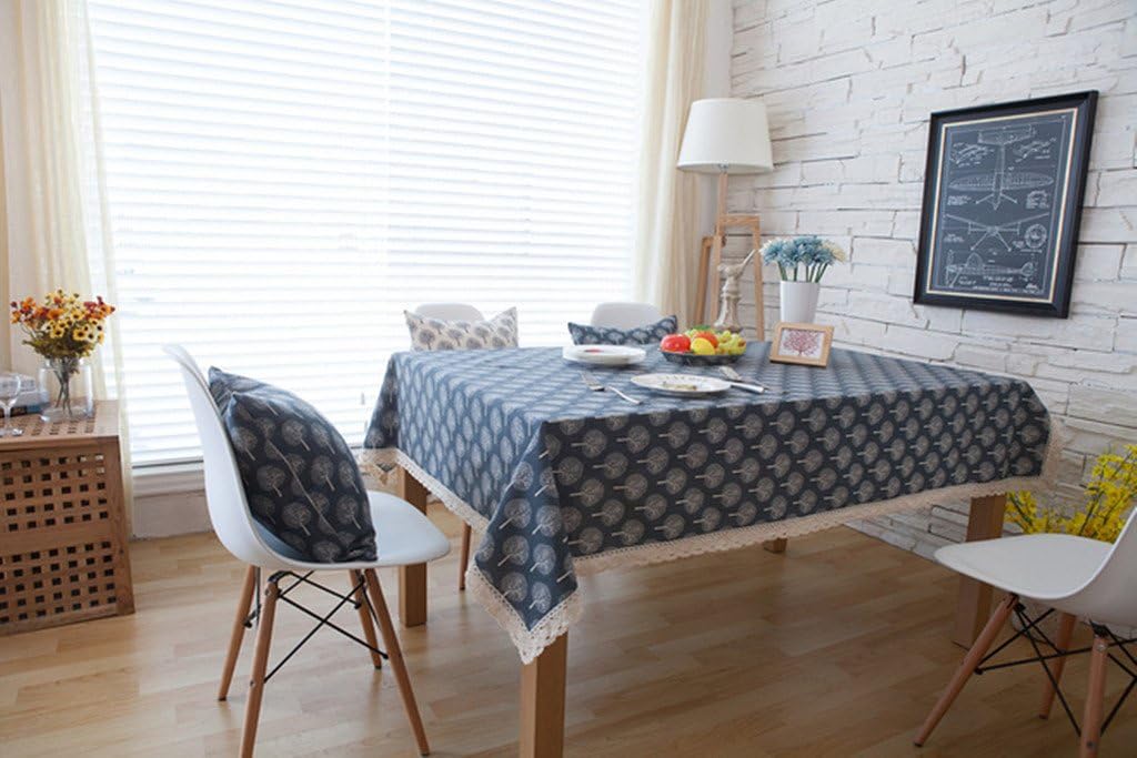 YOJA Tablecloths Cotton & Linen Table Cloth Tree Printed Rectangle/Oblong Table Cover Lace Edge Tablecloth (Dark Grey Wishing Tree,60"W X 102"L)