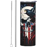 Siiuuol Eagle American Flag Tumbler 20 Oz Skull Coffee Cup with Lid and Straw Stainless Steel Mug Insulated Tumbler Travel Mug Home Office Gifts