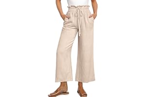 UEU Womens Linen Pants Summer Wide Leg Casual Loose High Waist Drawstring Palazzo Capri with Pockets- 25" / 20" / 3" Inseam