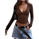 SweatyRocks Women's Long Sleeve Deep V Neck T Shirts Slim Fit Going Out Y2k Tops 2026 Fashion Clothes