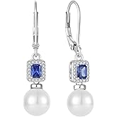 Inpasne Pearl Drop Earrings Dangling 925 Sterling Silver Emerald Cut Leverback Earrings Birthstone Jewelry for Women