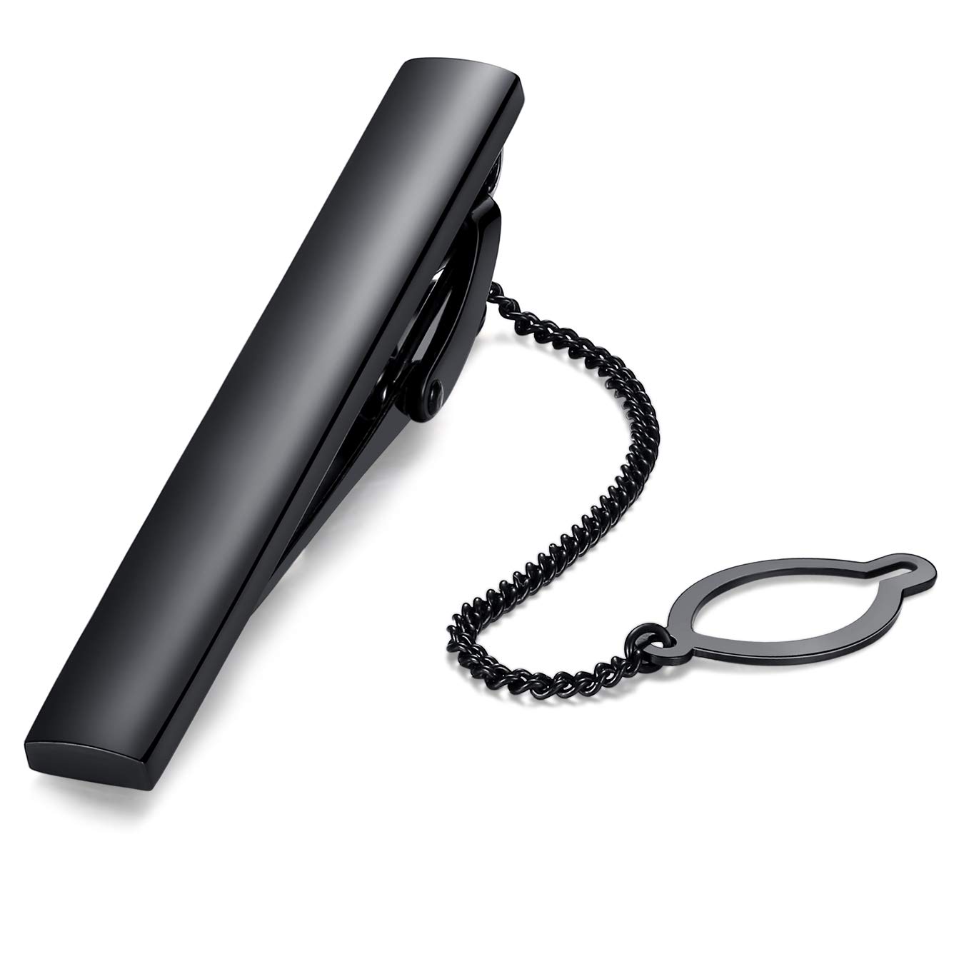 HONEY BEAR Mens Tie Clip Bar with Chain - Normal Size Stainless Steel for Business Wedding Gift,5.4cm (Black)