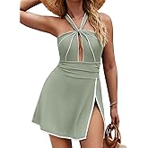 Zilcremo One Piece Swim Dress Tummy Control Swimsuits for Women Cutout Color Block Halter Skirted Bathing Suit