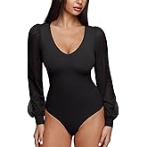 REORIA Womens Mesh Long Sleeve Bodysuit Double Lined V Neck Slimming Body Suits Sexy Cute Going Out Tops Shirts Fall Outfits