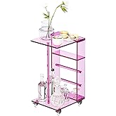 Dethan Clear Acrylic C Shaped Side Table with Wheels – Small Modern End Table, Rolling Coffee Snack Table for Living Room, Be
