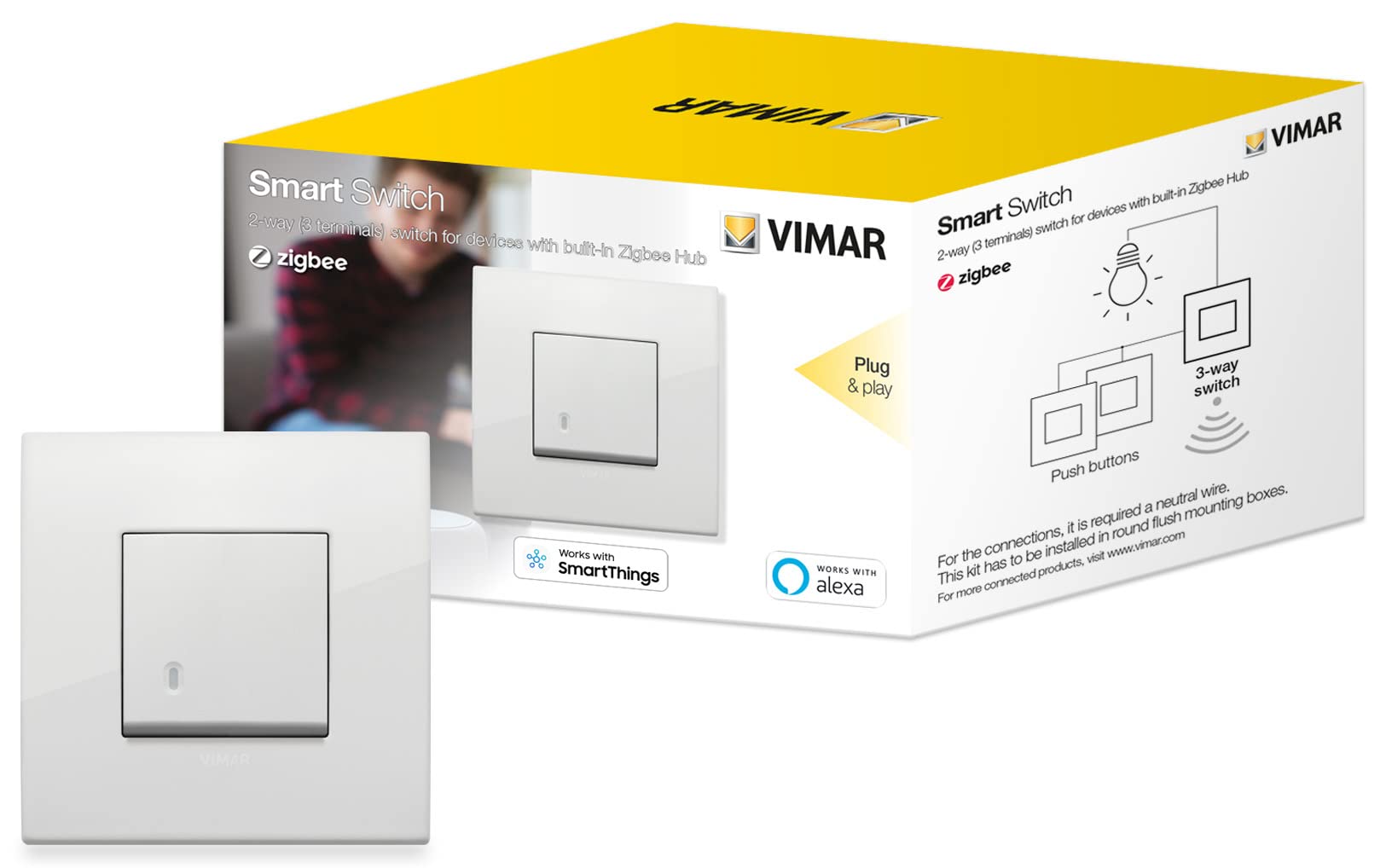 Vimar 0K19592.01 Arké smart 2-way switch Compatible with Alexa, kit plug & play for device in Zigbee Hub, required a neutral wired