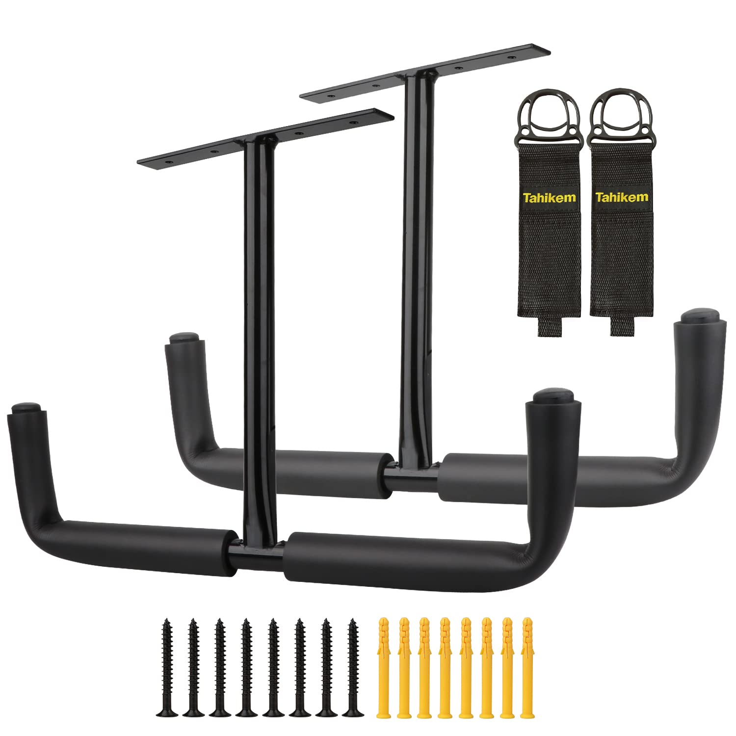 Tahikem 2 Set Overhead Garage Storage Rack, Heavy Duty Overhead Storage Double Hook, Ceiling Mount Hanger Safe Utility Hooks, Hanging for Lumber Ladder Brackets & Other Bulky Items (Pack of 2 - Black)