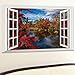 DNVEN Faux Window Decals Autumn Feel Red Leaves Peaceful Lake False Window Clings Murals 3D Full Color Vinyl Bedroom Living Room Playroom Wall 24 inches x 16 inches