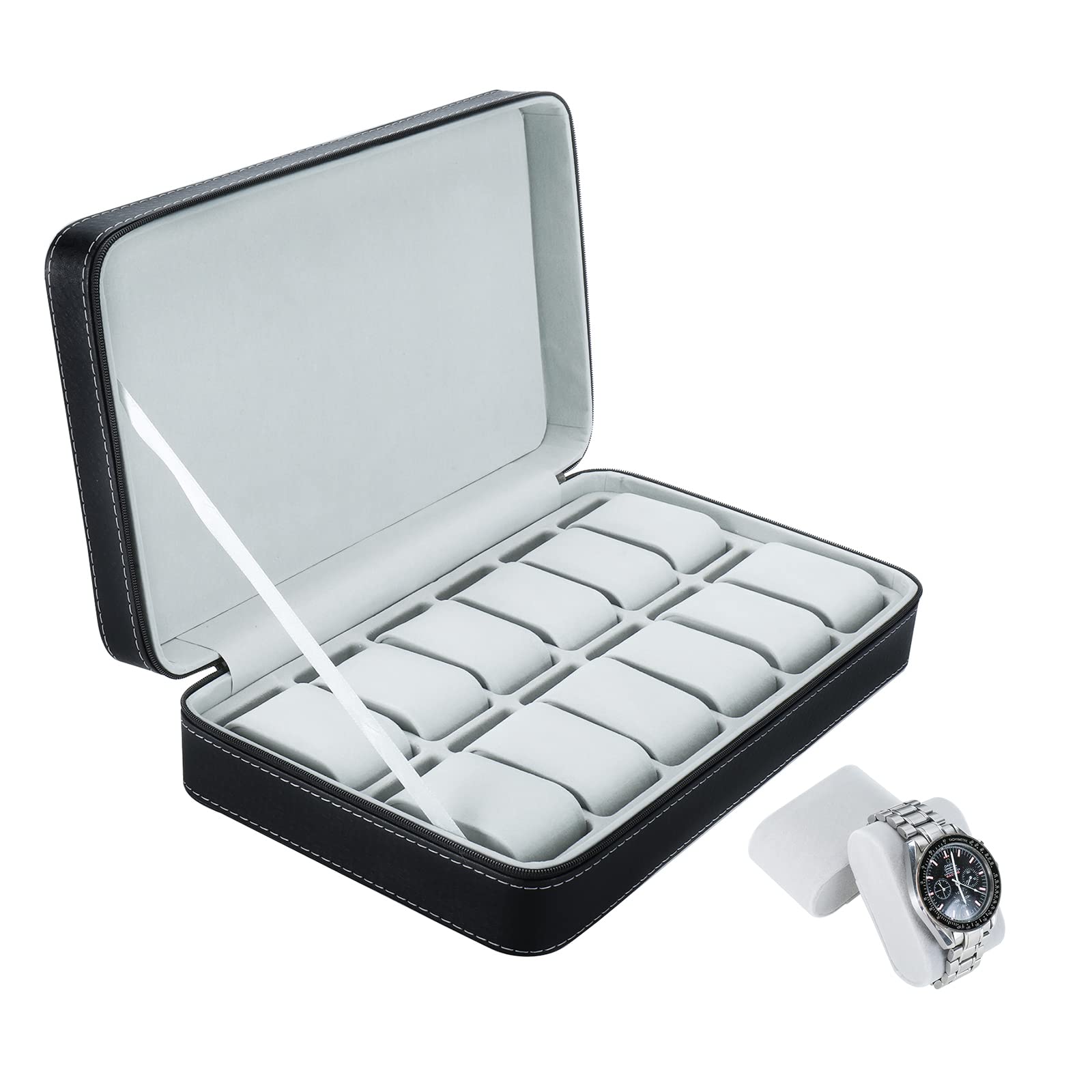 NovelBee 12 Slots Watch Boxes,Portable Zip Watch Jewelry Display Case with Removable Pillow for Watch Jewelry Storage