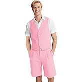 UNINUKOO Men's Linen Suit 2 Piece Vest and Shorts Suits for Men Summer Beach Weddings Set Dress Casual Party Tuxedo Suit Set