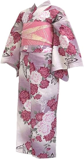 Amazon Co Jp 着物美人 浴衣 3点セット 綿麻 変り織り 女浴衣 浴衣女性 半幅帯ピンク 浴衣帯 ハイヒール 厚底下駄付き 浴衣セット 街着 大人 女性用 M F L 155 165 生成 紫 蝶に牡丹 492 3 Clothing Accessories