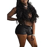 SHINFY Sexy Two Piece Outfits for Women Backless Fur Halter Vest Satin Mini Shorts Set Going Out Club Outfits