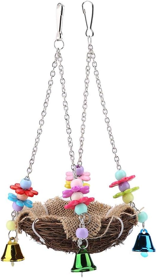 Rattan Birds Nest Swing Toys Parrot Climbing Chew Toys Colorful Birds Cages Perches Hanging Parrots Straw Toys with Bells S for Pet Birds Parrot Cage Accessories