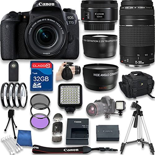 Canon EOS 77D DSLR Camera with Canon EF-S 18-55mm f/3.5-5.6 IS STM Lens + Canon EF 50mm f/1.8 STM Lens + Canon EF 75-300mm + 32GB SD Memory Card + Accessory Bundle - International Version
