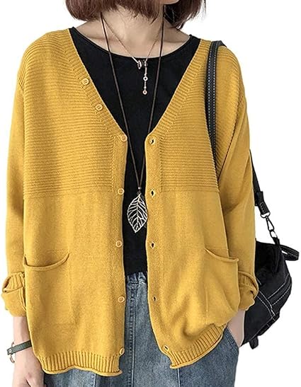 Amazon Kakap カーディガン レディース カーデ 長袖 羽織 Vネック セーター 上着 トップス コート ニット オフィス カジュアル 薄手 着痩せ 冷房対策 秋 冬 イエロー カーディガン ボレロ 通販