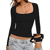 Danysu Double Lined Long Sleeve Tops with Built in Bra for Women Square Neck Basic Slim Crop Fall T-Shirts