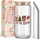Niyorayna Tis' the Season,Christmas Glass Coffee Cups with Lids and Straw Gifts for Women,Friend,Teacher,Winter Cup Mugs Gift,Winter Coffee Cups Mugs Gifts for Birthday, Thanksgiving,Christmas -89
