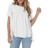 Cicy Bell Womens Summer Babydoll Tunic Tops Pleated Short Sleeve Crew Neck Peplum T Shirts Casual Loose Fit Outfits White