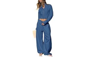 Fisoew Womens 2 Piece Outfits Zip Up Long Sleeve Cropped Sweatshirt Loose High Waisted Pants Casual Tracksuit Sets