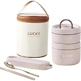 Ausenzup Stainless Steel Lunch Box, 3-Tier Insulated Bento Box Microwave Safe Soup Bowl for Adults, Thermal Food Container for Office Workers (Beige, 2pcs + Tableware + Insulated Bag)