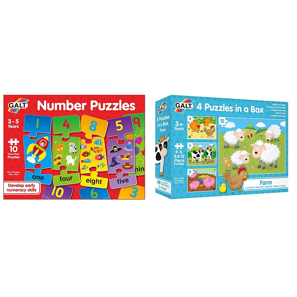 Galt Toys, Number Puzzles, Numbers Jigsaw Puzzle for Kids, Ages 3 Years Plus & Toys, 4 Puzzles in a Box - Farm, Ages 3 Plus Years