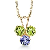Gem Stone King 14K Yellow Gold Green Peridot and Blue Tanzanite 3-Stone Pendant Necklace For Women (0.39 Cttw, Gemstone August Birthstone, Round 3MM, 18 Inch Chain)