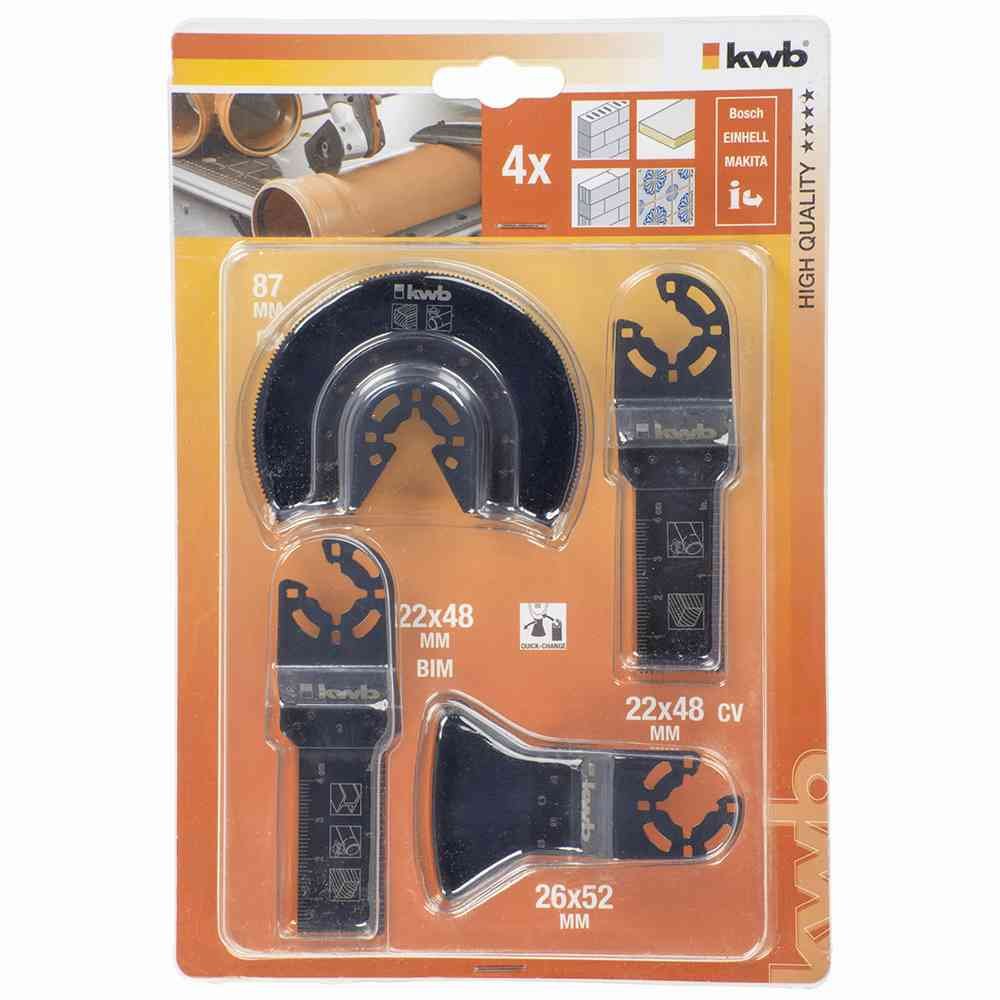 kwb Battery Top Multitool Saw Blades - Tool Set, 4-Piece, incl. CV Dive Saw Blade, Half Bright HSS Segment Saw Blade and Spatula