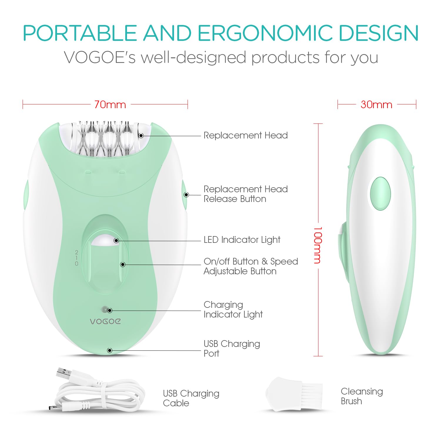 Epilator for Women-Cordless Epilators Hair Removal for Women, 4-in-1 Electric Razor Hair Remover, 2 Speeds & 21 Tweezers for Face Legs Arms Armpit Bikini, Green HR310