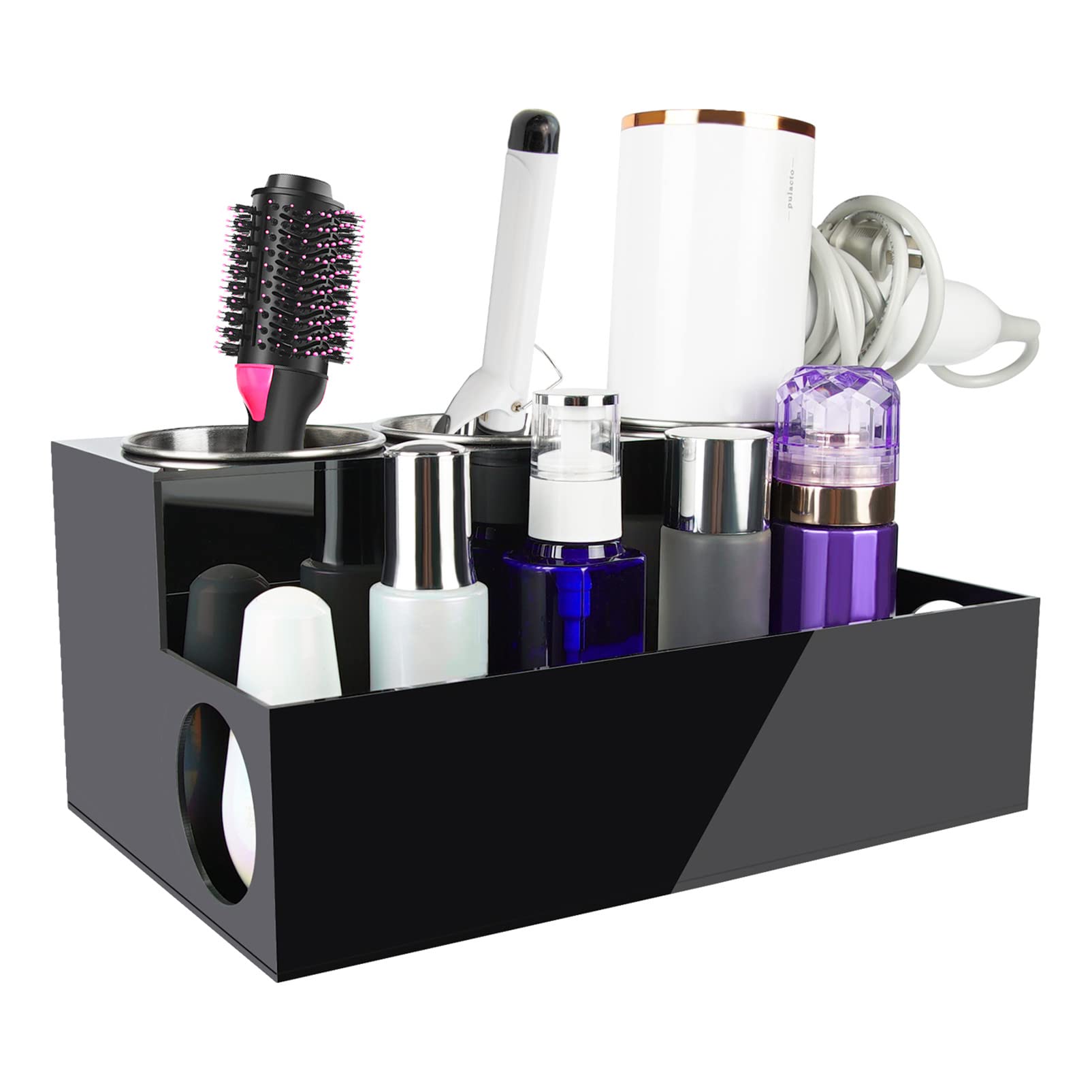 OTZRTIY Hair Tool Organiser, Clear Acrylic Hair Dryer Holder, Countertop, Hair Dryer Stand, Storage for Makeup Bathroom with 3 Cups
