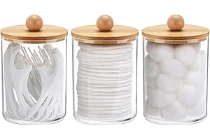 Tbestmax 10 Oz Cotton Swab/Ball/Pad Holder, Qtip Apothecary Jar, Clear Bathroom Containers Dispenser for Storage 3 Pack Wood Lids
