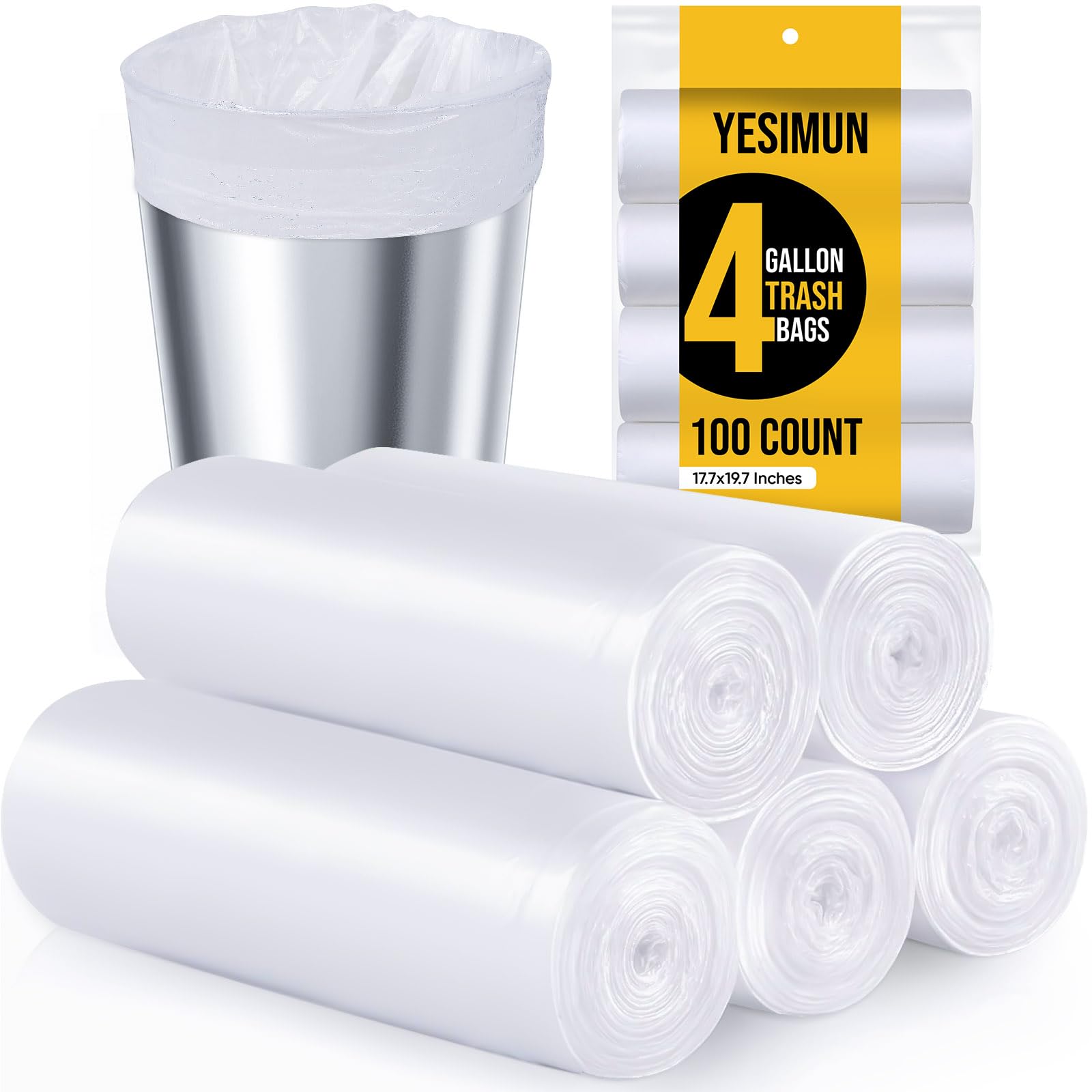 Photo 1 of Small Trash Bags 4 Gallon - 100 Count 4 Gallon Trash Bag, White Small Garbage Bags, Unscented Bathroom Trash Bags Kitchen Office, Thickened & Strong 4 Gal Small Trash Can Liners