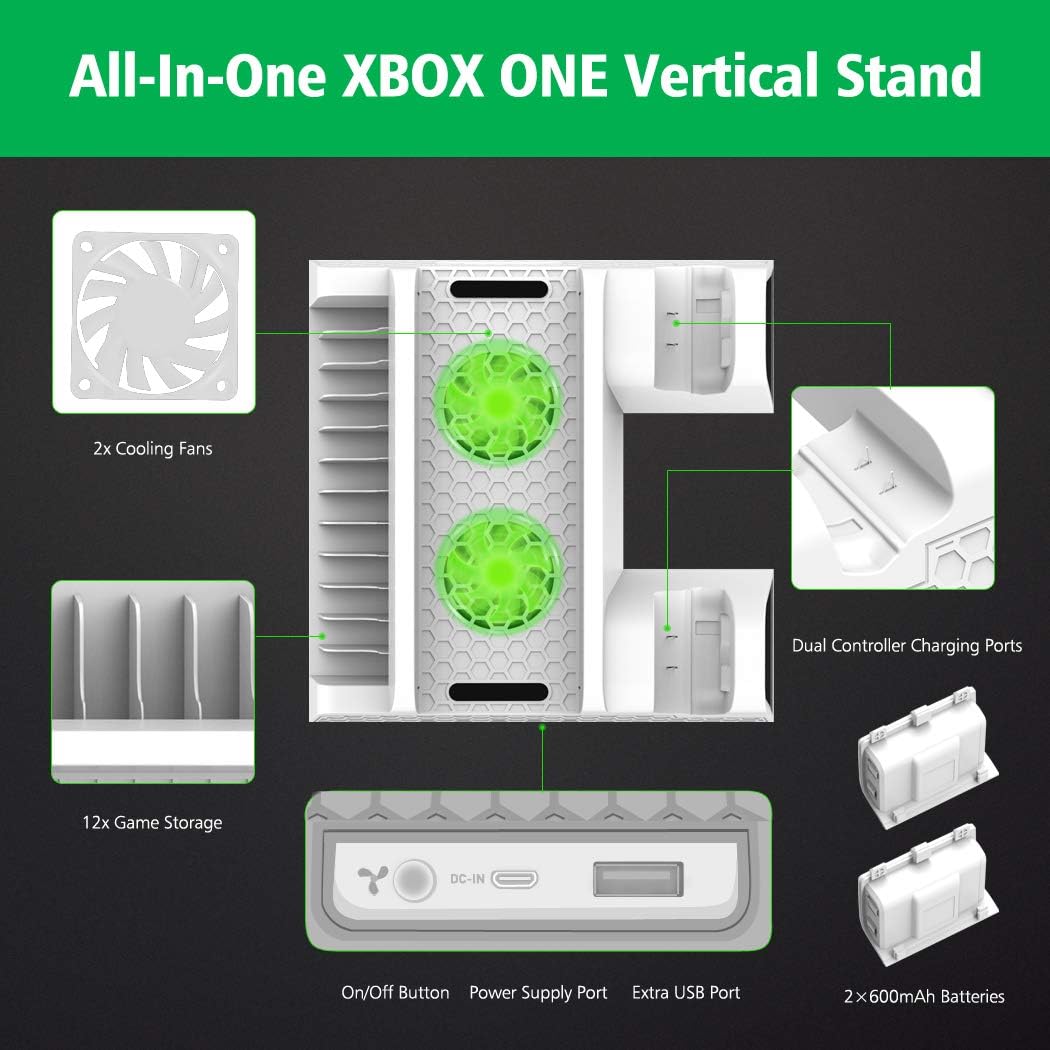 OIVO Vertical Cooling Stand Compatible with Xbox ONE X/Xbox ONE S/Regular Xbox ONE, Cooler Cooling Fan with 2PACK 600mAh Batteries, Games Storage, Dual Controller Charging Dock Station (X0011-White): Electronics
