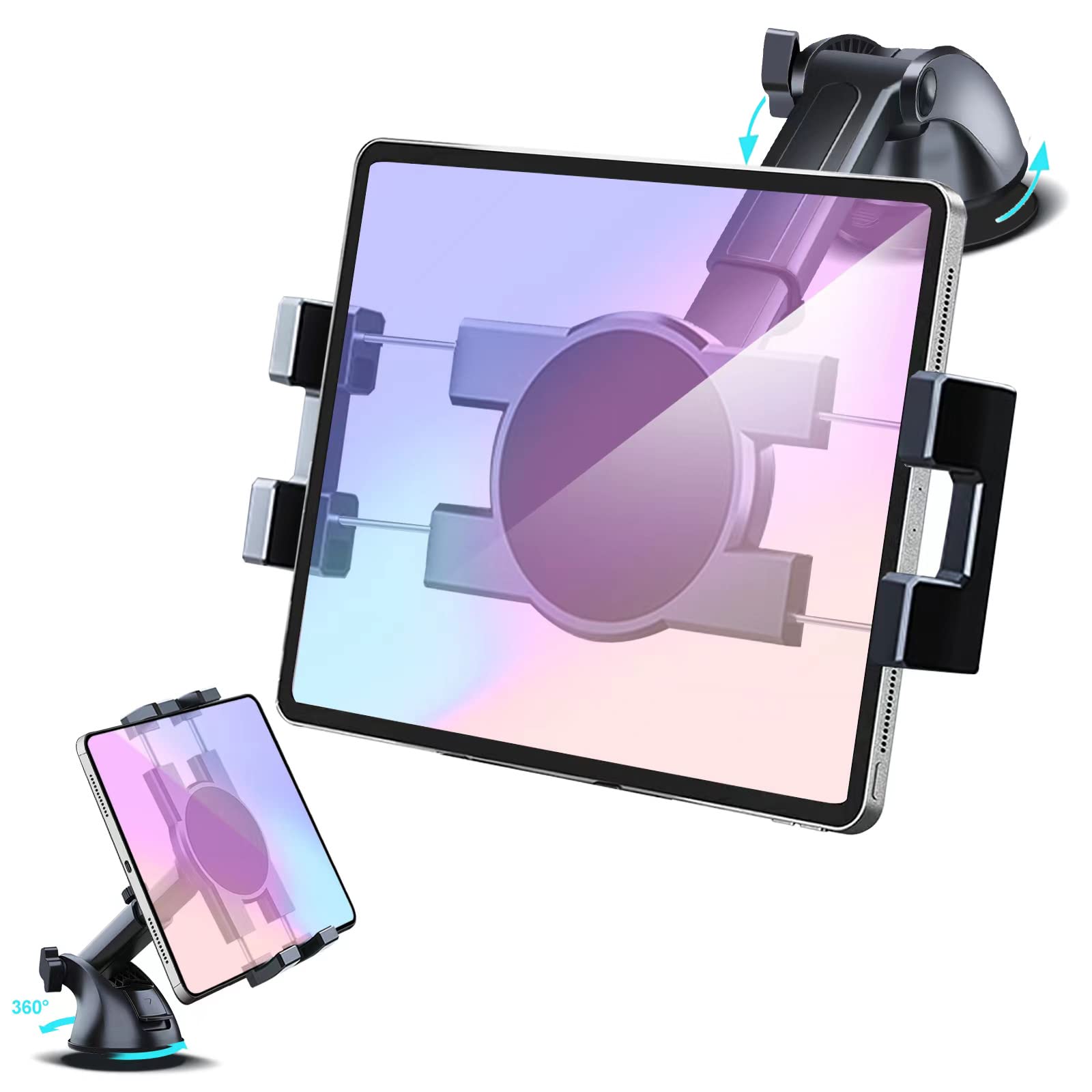 Photo 1 of Dashboard & Windshield Car Tablet Mount Holder, 360° Rotatable Suction Cup Window Dash Phone Stand for iPad Pro 12.9/11/10.5/Air/Mini 6/5/4, Samsung Galaxy Tab, iPhone 16/15, 4.7"-12.9" Tab Phone