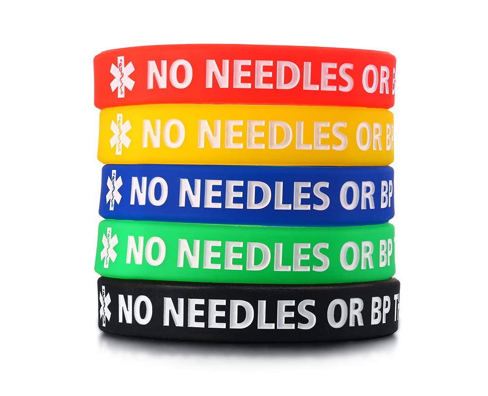 PJ JEWELLERY 5 Pack Assorted Colors NO Needles OR BP This ARM Medical Alert Silicone Wristband for Men ID Bracelets 7.5"